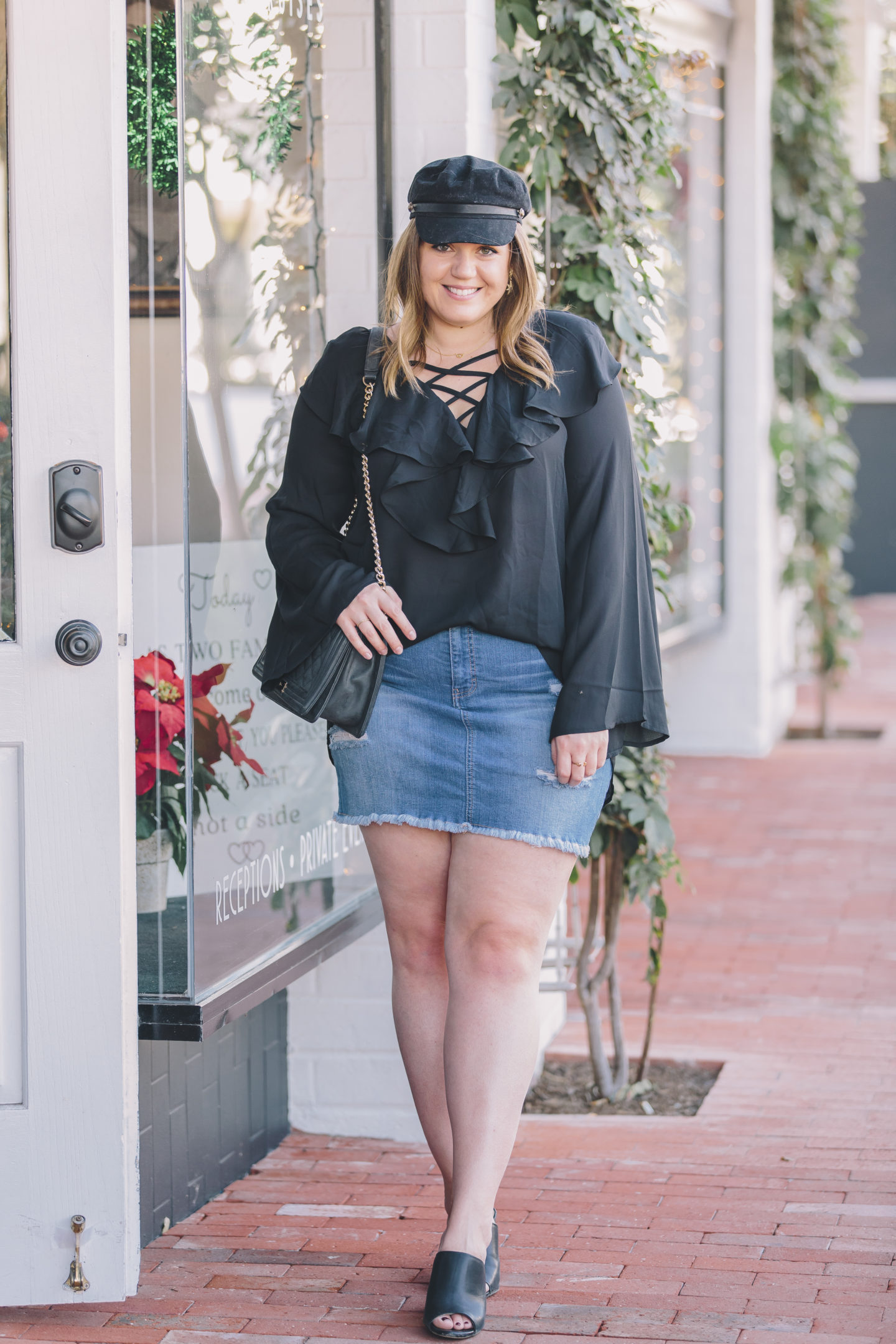 nye outfit, new year's eve outfit, ruffle blouse, show me your mumu, denim skirt outfit, lido marina village, oc style blogger, affordable fashion, affordable style