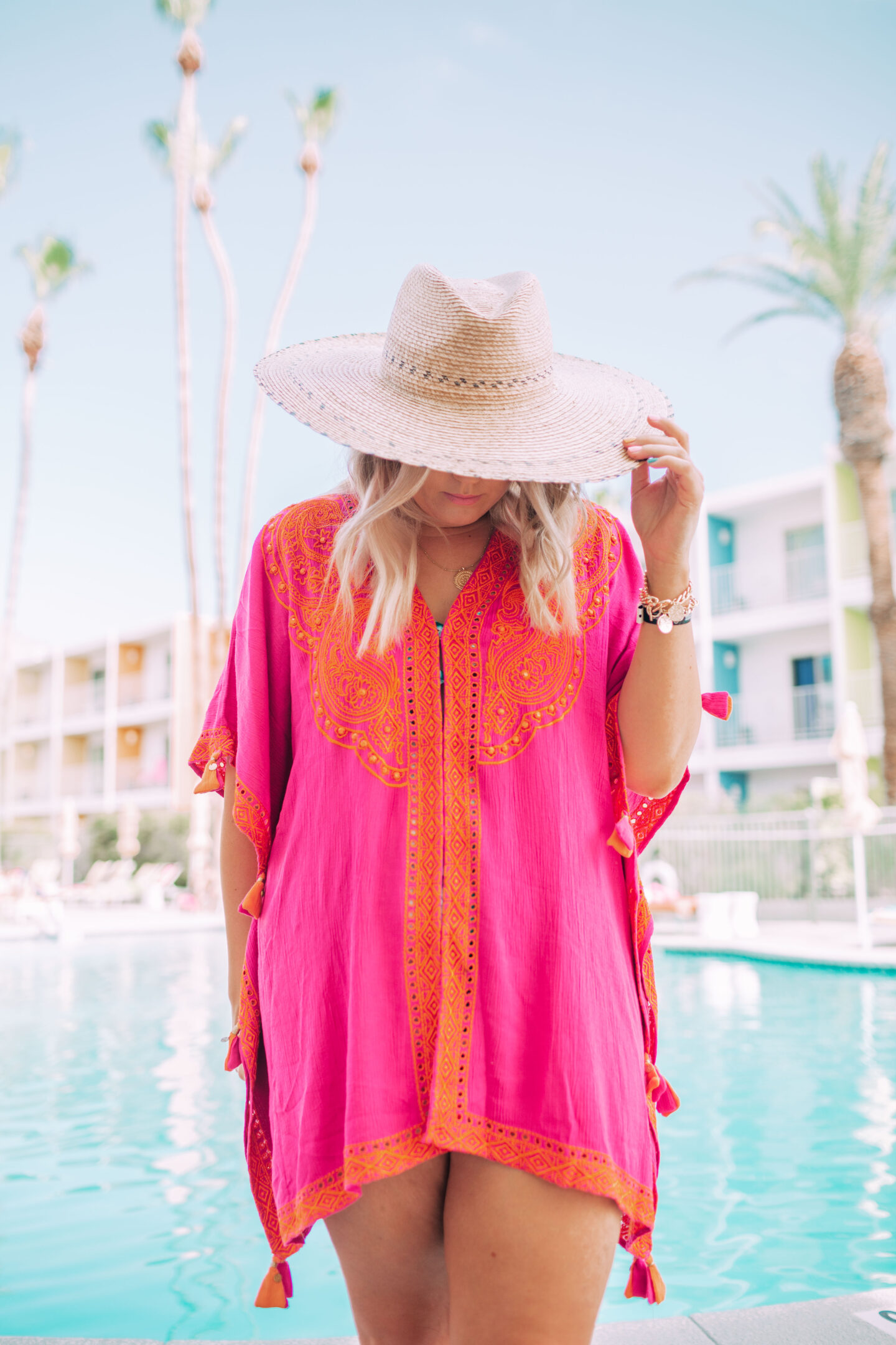 hot pink embroidered cover up in palm springs