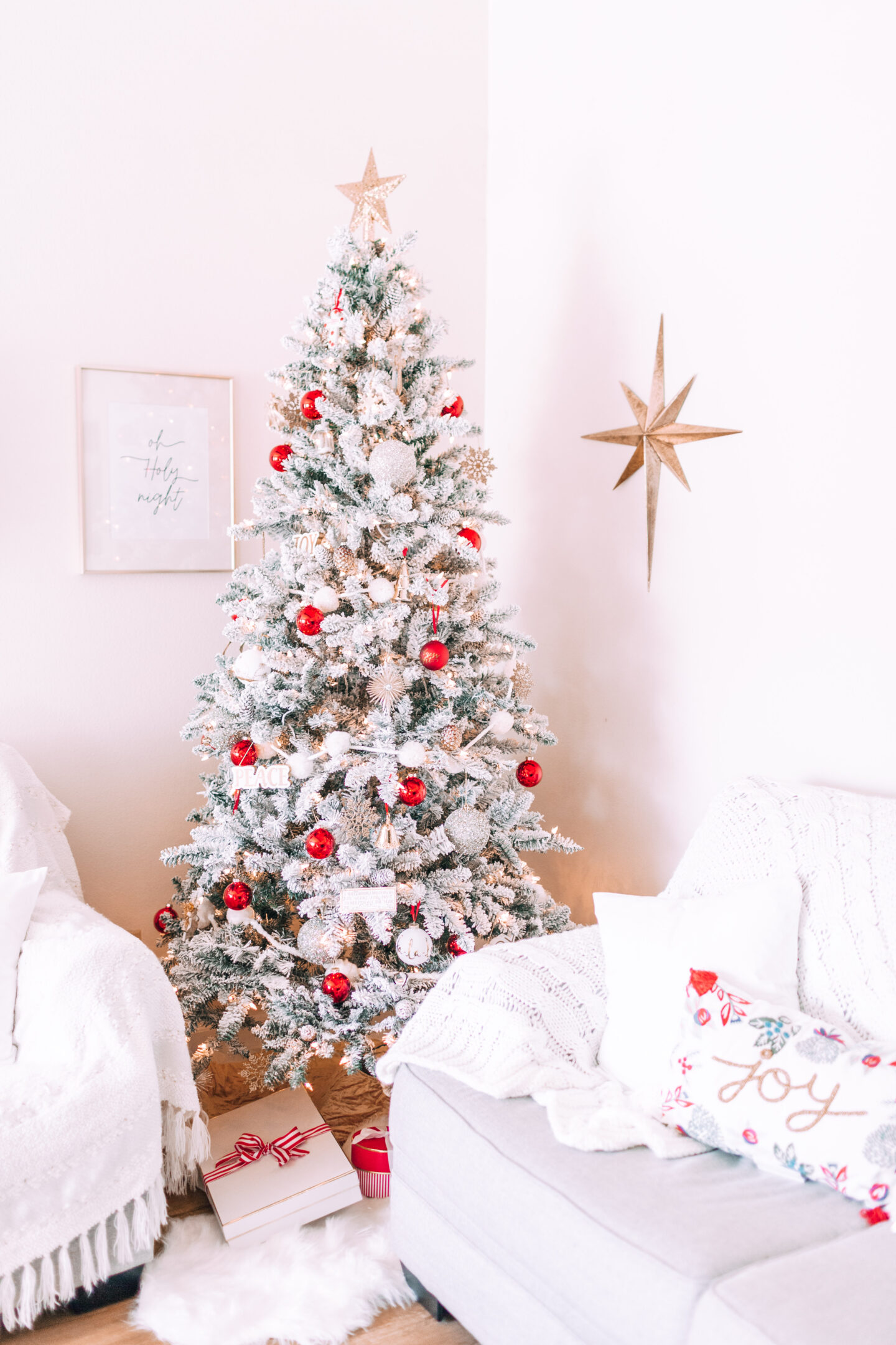 MY CHRISTMAS DECOR: RED & WHITE WONDERLAND // target christmas, flocked christmas tree, mercury glass trees, joy pillow