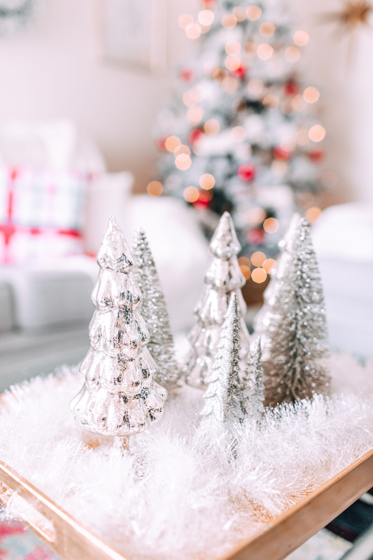 MY CHRISTMAS DECOR: RED & WHITE WONDERLAND // target christmas, flocked christmas tree, mercury glass trees
