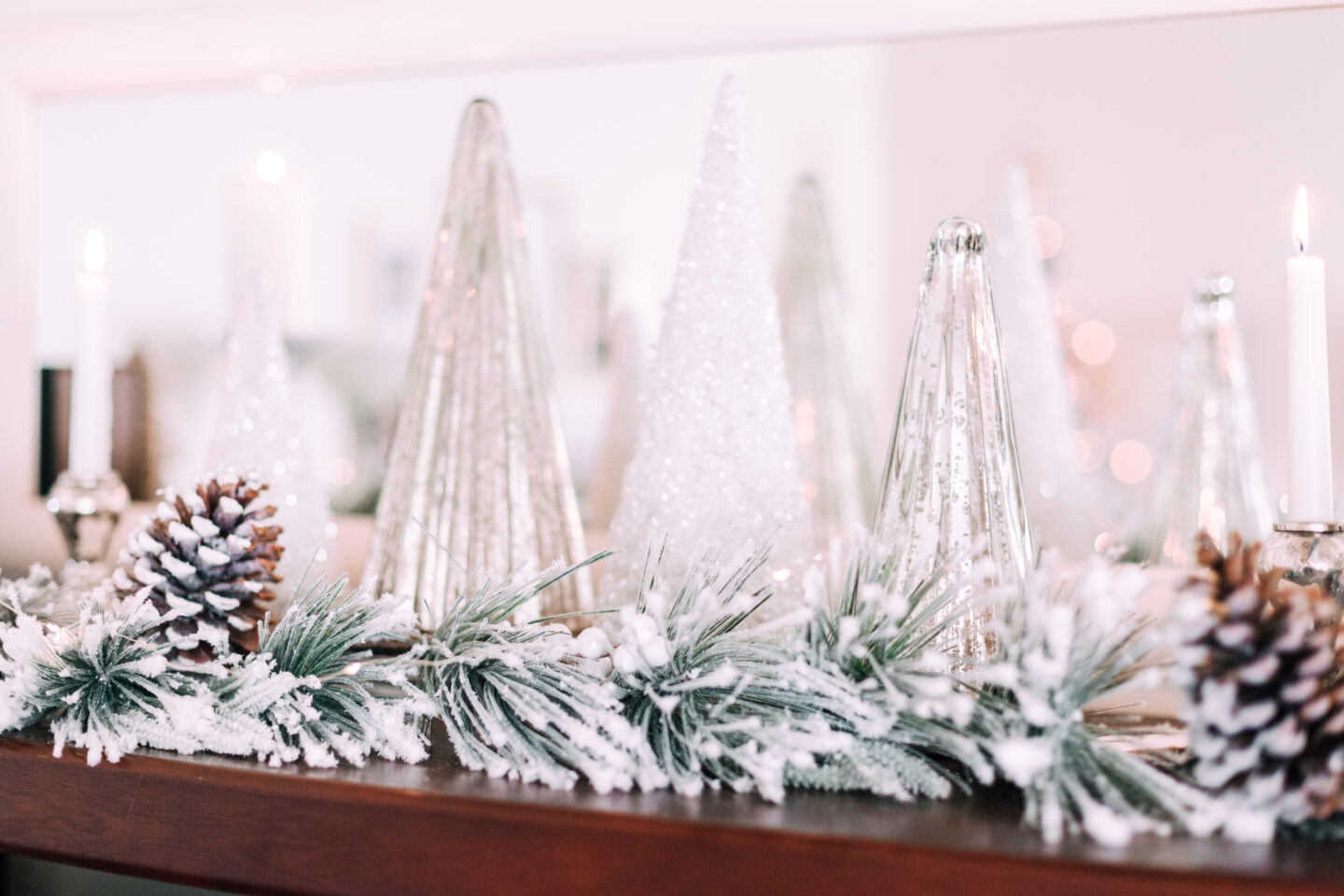 mercury glass christmas trees, frosted bottle brush tree