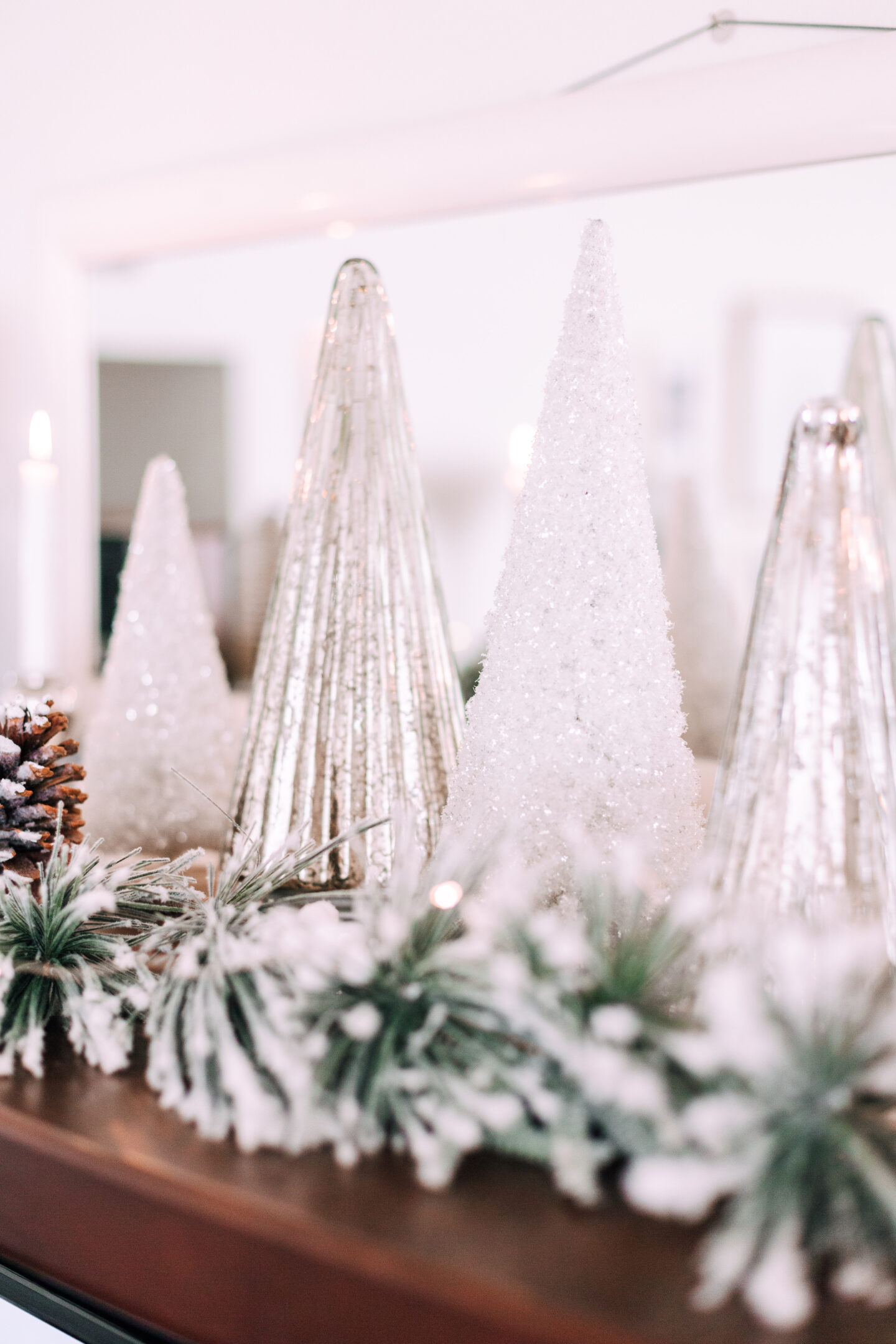 mercury glass christmas trees, frosted bottle brush tree