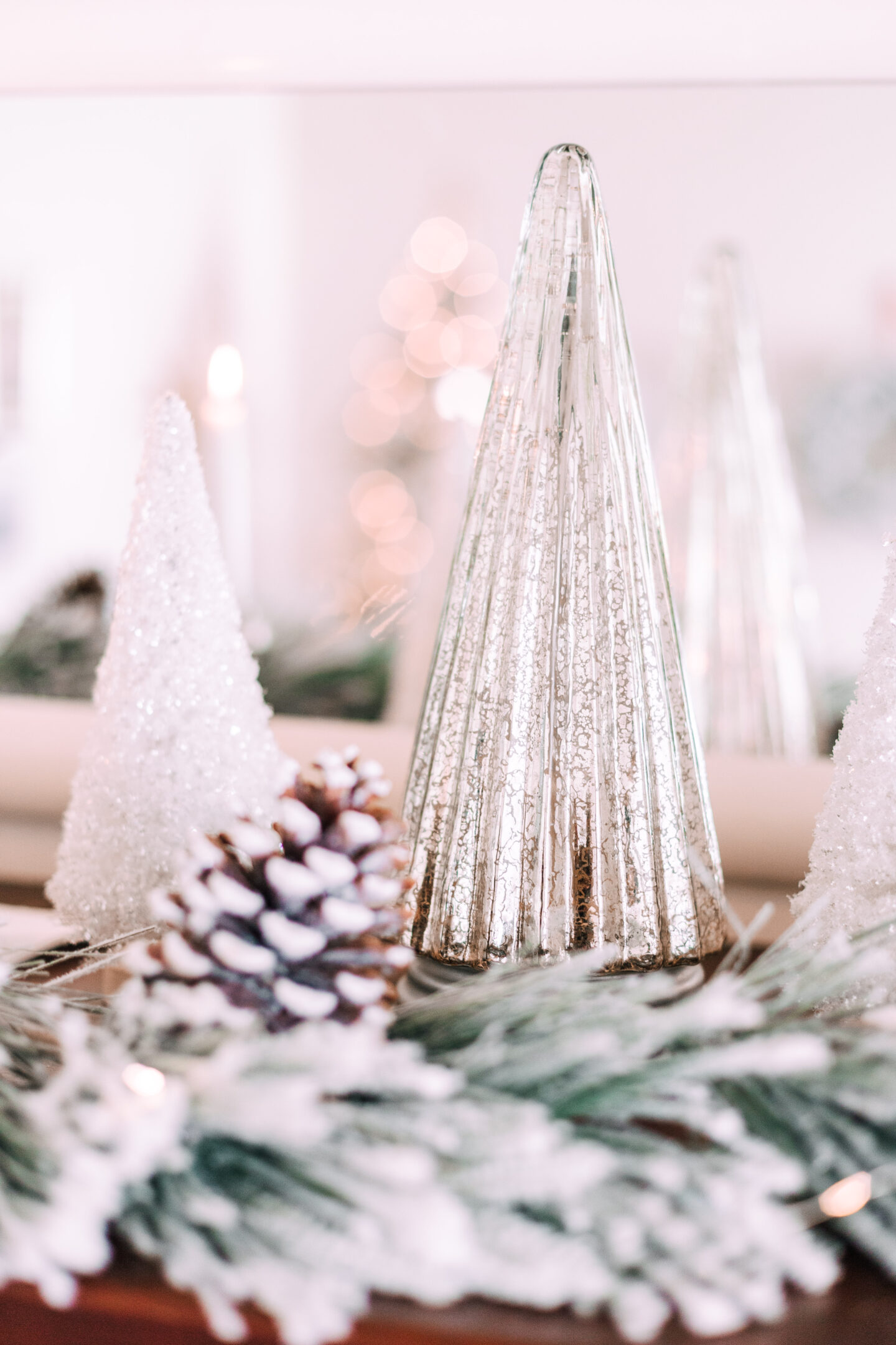 mercury glass christmas trees, frosted bottle brush tree