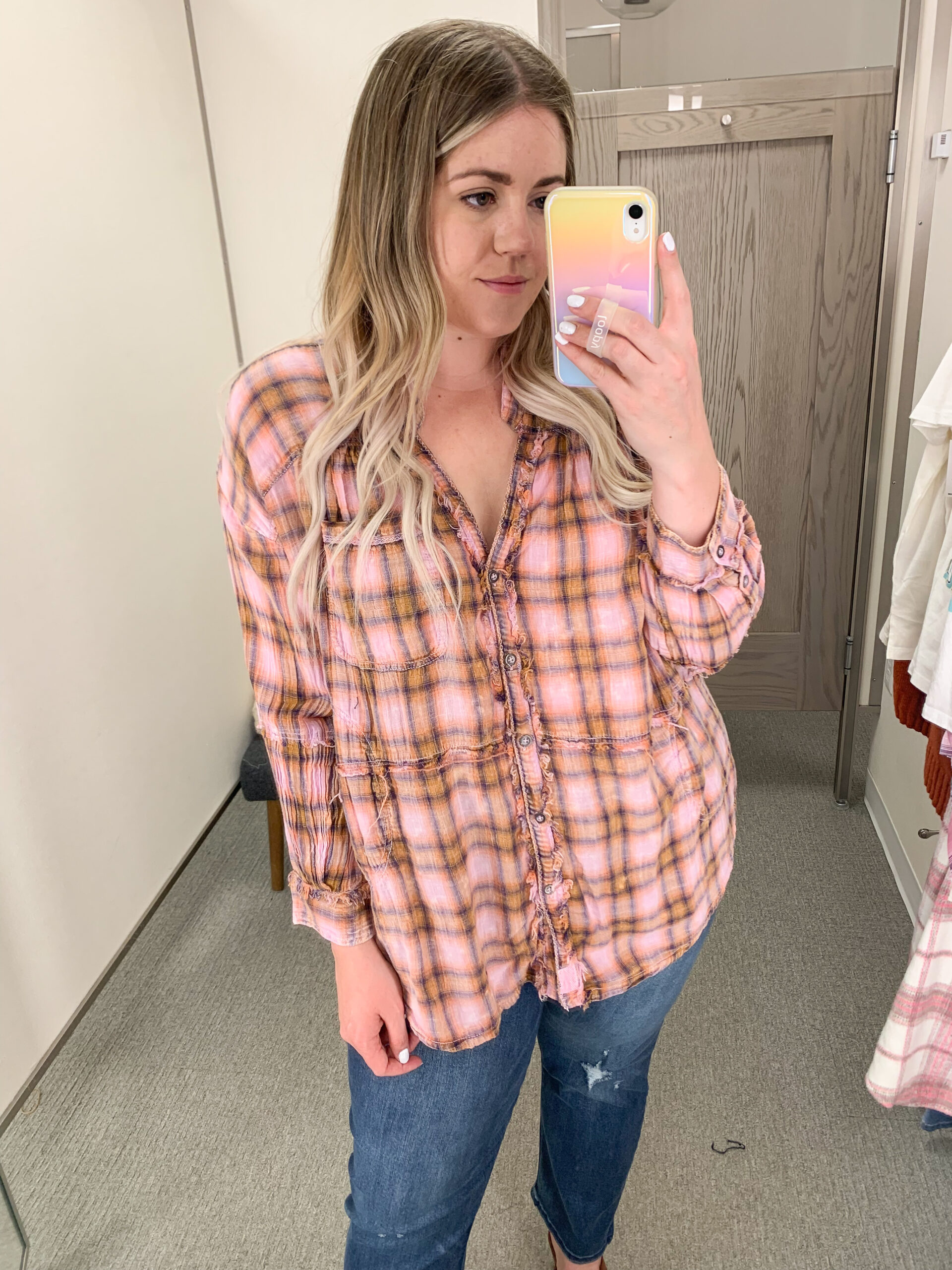 Nordstrom Anniversary Sale try on, pink plaid flannel shirt